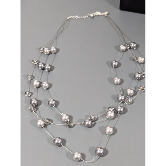 Roman Gray Faux Pearl Multi Wire Station Necklace 22" Glass Bead - Picture 2 of 8